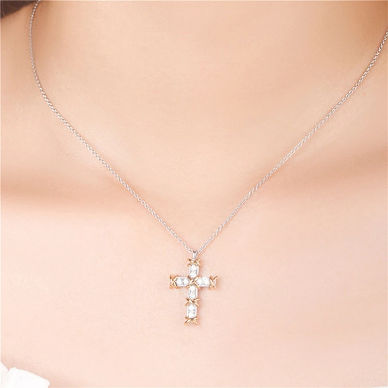 925 Sterling Silver Plated Gold X Cross Ten Stone Diamond Necklaces for Women Classic Luxury Fashion Brand Party Fine Jewelry