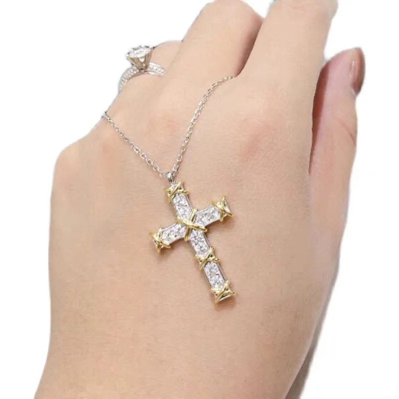 925 Sterling Silver Plated Gold X Cross Ten Stone Diamond Necklaces for Women Classic Luxury Fashion Brand Party Fine Jewelry