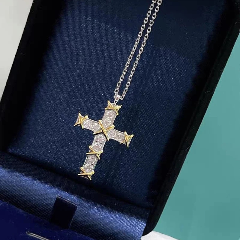 925 Sterling Silver Plated Gold X Cross Ten Stone Diamond Necklaces for Women Classic Luxury Fashion Brand Party Fine Jewelry