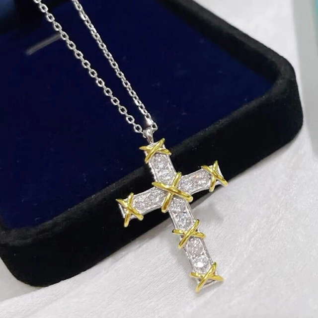 925 Sterling Silver Plated Gold X Cross Ten Stone Diamond Necklaces for Women Classic Luxury Fashion Brand Party Fine Jewelry