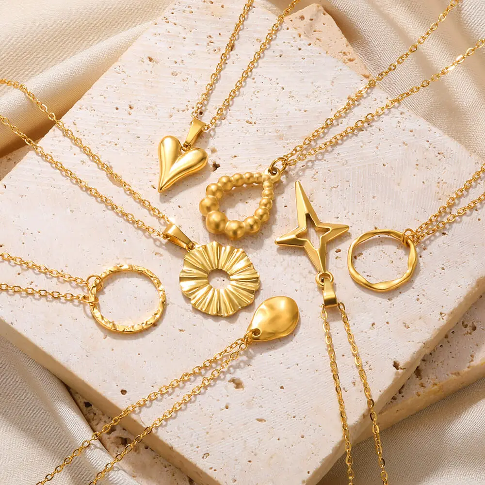 Stainless Steel Heart Pendant Necklace For Women 18K Gold Color Chain Jewelry Trend Cute Sun Round Necklaces Anniversary Gift