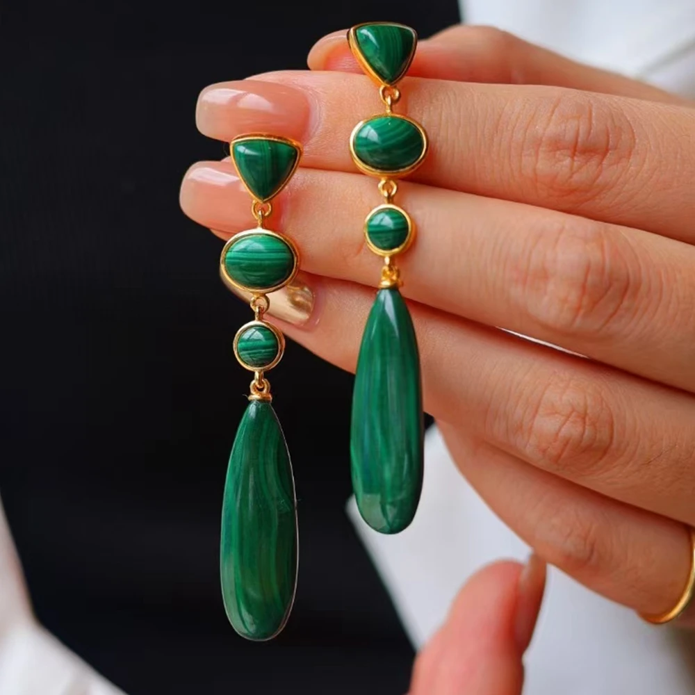 KQDANCE Real 925 Sterling Silver With Natural Gem Stone Green Malachite Long Slim Tear Drop Earrings Fine Jewelry For Women