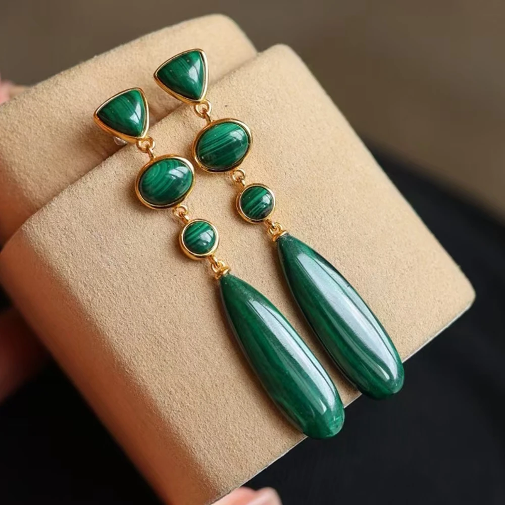 KQDANCE Real 925 Sterling Silver With Natural Gem Stone Green Malachite Long Slim Tear Drop Earrings Fine Jewelry For Women