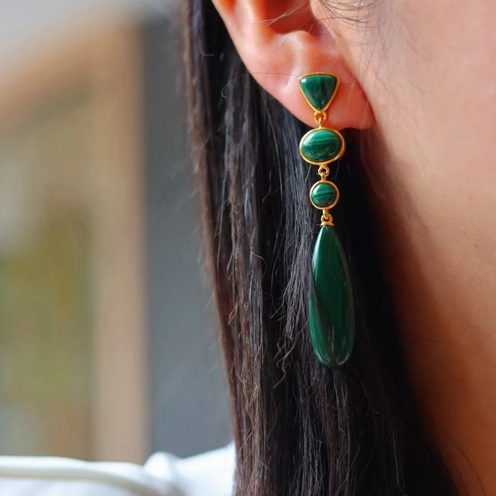 KQDANCE Real 925 Sterling Silver With Natural Gem Stone Green Malachite Long Slim Tear Drop Earrings Fine Jewelry For Women