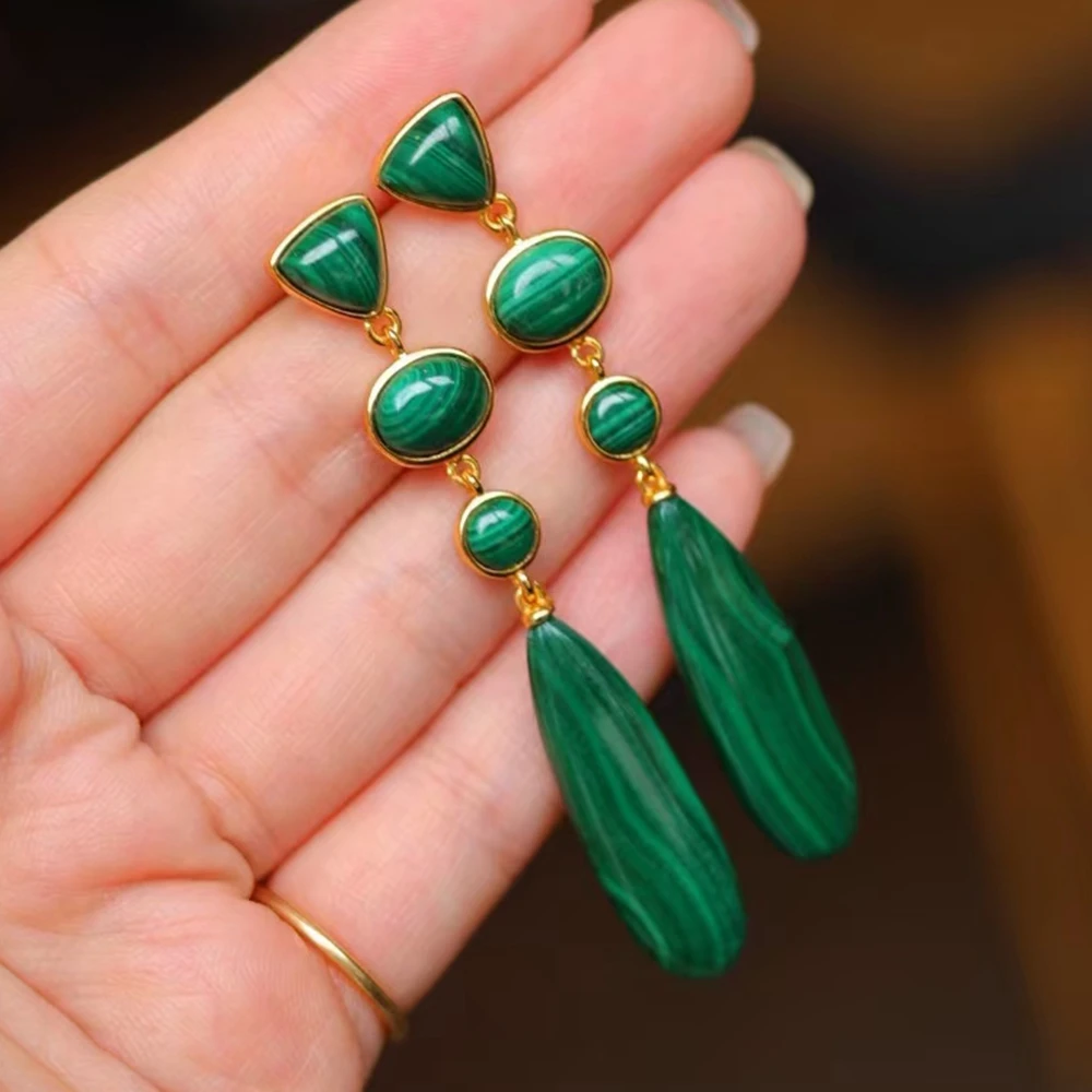 KQDANCE Real 925 Sterling Silver With Natural Gem Stone Green Malachite Long Slim Tear Drop Earrings Fine Jewelry For Women