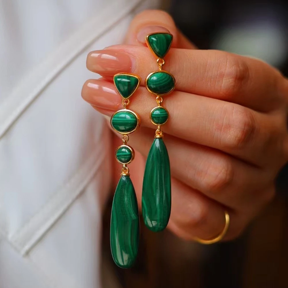 KQDANCE Real 925 Sterling Silver With Natural Gem Stone Green Malachite Long Slim Tear Drop Earrings Fine Jewelry For Women