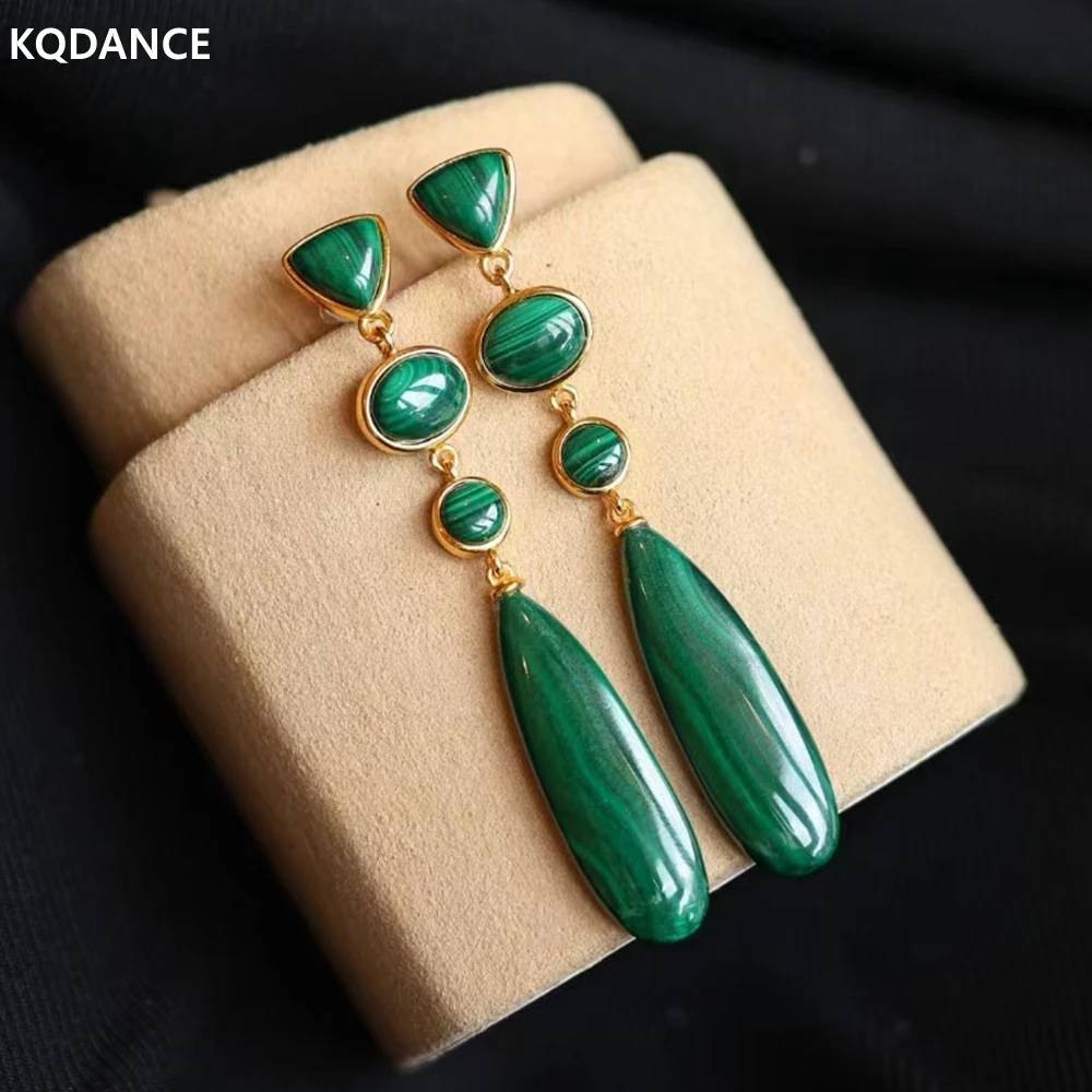 KQDANCE Real 925 Sterling Silver With Natural Gem Stone Green Malachite Long Slim Tear Drop Earrings Fine Jewelry For Women