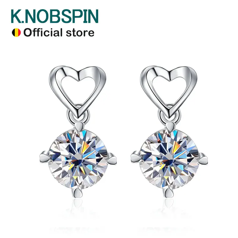 KNOBSPIN 1ct D VVS Round Moissanite Pendant Earring for Women 4 Prong Trendy Engagement Wedding GRA Certified 925 Sliver Earring