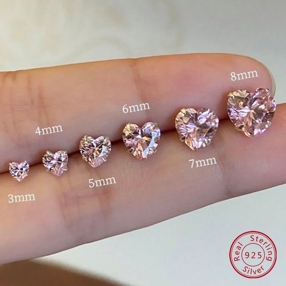 S925 Sterling Silver Zircon Earrings Pink Heart Earrings Simple Versatile Compact Temperament Sparkling Diamond Ear Bone Nail