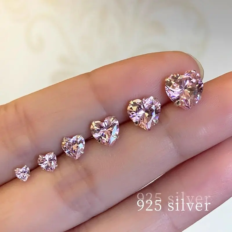 S925 Sterling Silver Zircon Earrings Pink Heart Earrings Simple Versatile Compact Temperament Sparkling Diamond Ear Bone Nail