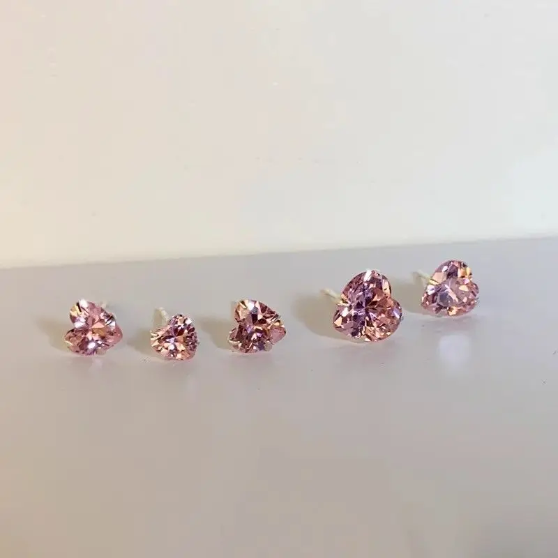 S925 Sterling Silver Zircon Earrings Pink Heart Earrings Simple Versatile Compact Temperament Sparkling Diamond Ear Bone Nail