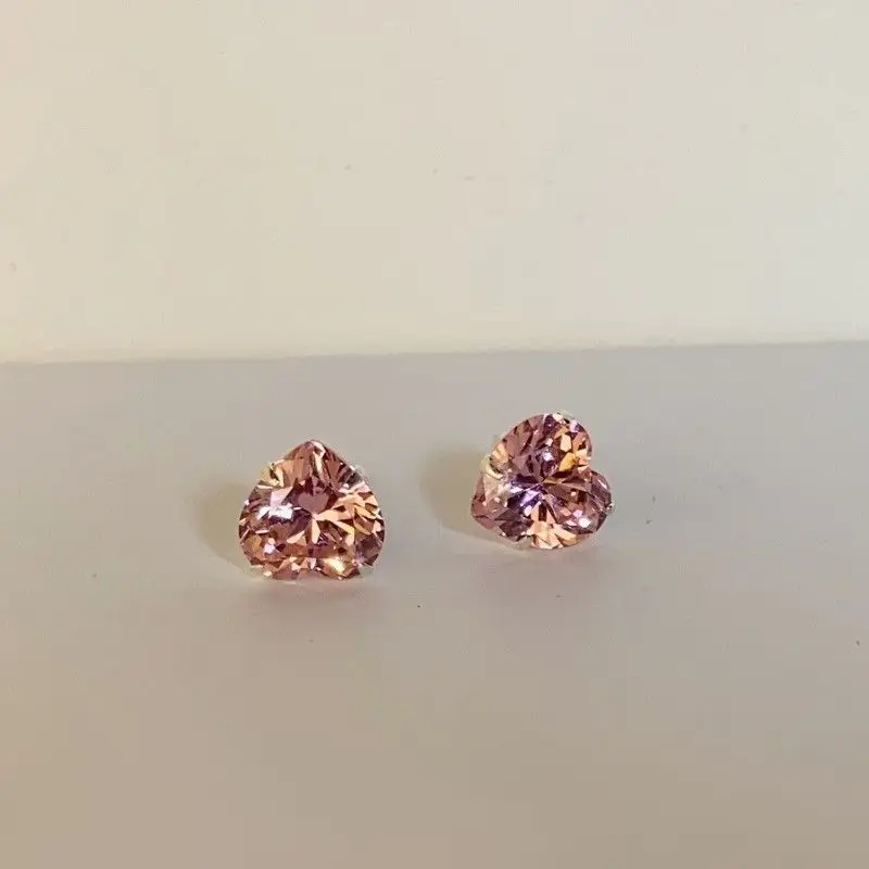 S925 Sterling Silver Zircon Earrings Pink Heart Earrings Simple Versatile Compact Temperament Sparkling Diamond Ear Bone Nail