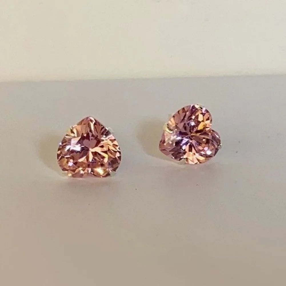 S925 Sterling Silver Zircon Earrings Pink Heart Earrings Simple Versatile Compact Temperament Sparkling Diamond Ear Bone Nail