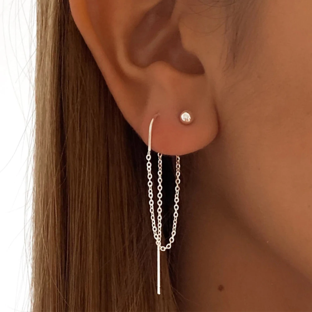 Aide 925 Sterling Silver Zircon Chain Tassel Ball Stud Drop Earrings For Women 18K Gold Simple Thin Fine Jewelry Party Gift