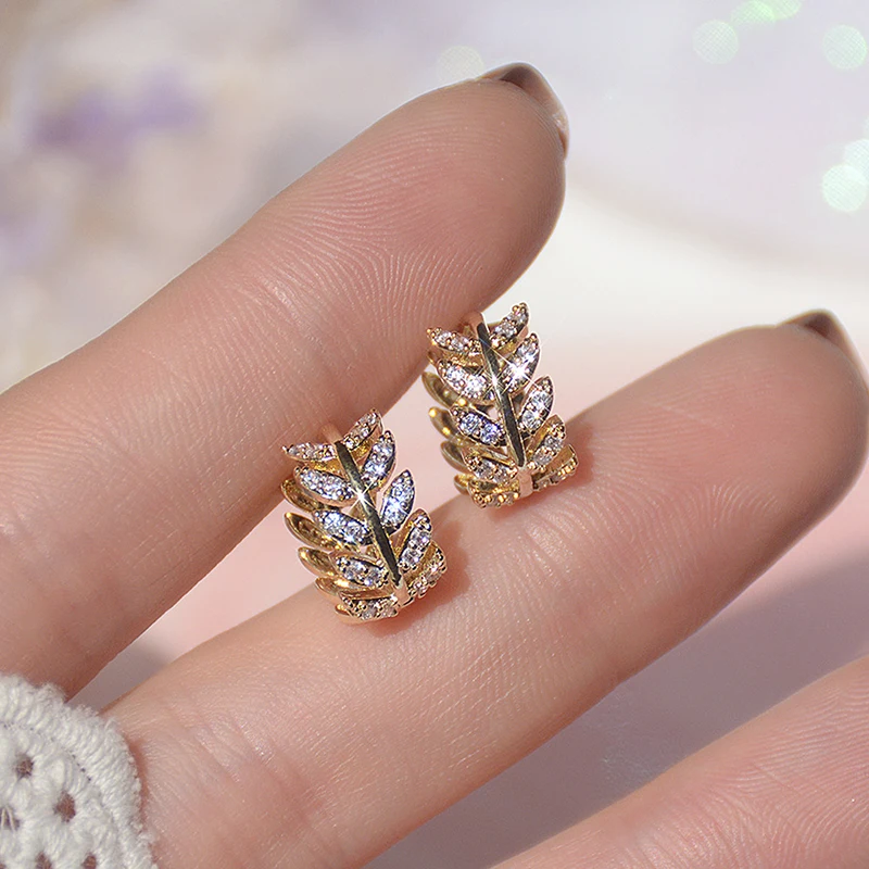 14K real gold plating exquisite copper inlaid zircon wheat ear small hoop earrings elegant sweet women's Korean jewelry earrings