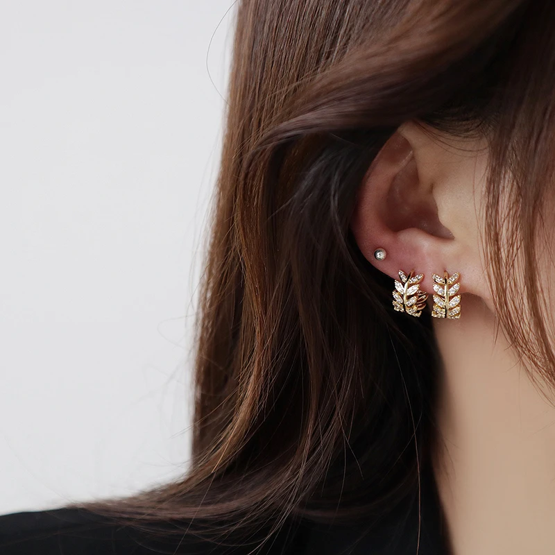 14K real gold plating exquisite copper inlaid zircon wheat ear small hoop earrings elegant sweet women's Korean jewelry earrings