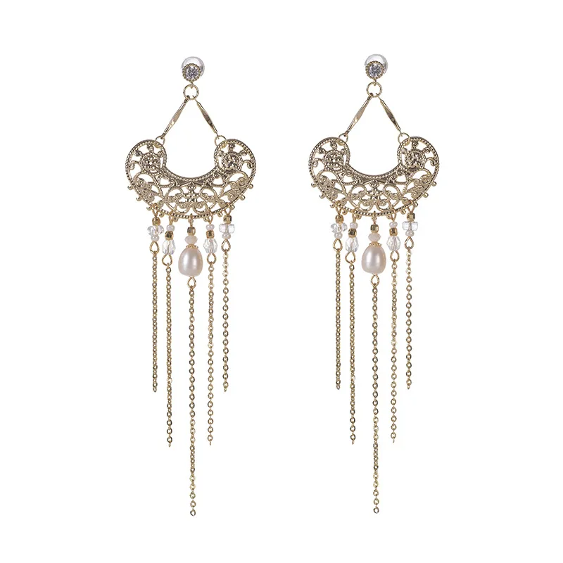 Exquisite Jewelry Women's Charm Zircon Silver Needle Not Allergic Classic Retro French Texture Long Tassel Inlaid Pearl Earrings