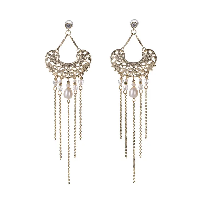 Exquisite Jewelry Women's Charm Zircon Silver Needle Not Allergic Classic Retro French Texture Long Tassel Inlaid Pearl Earrings