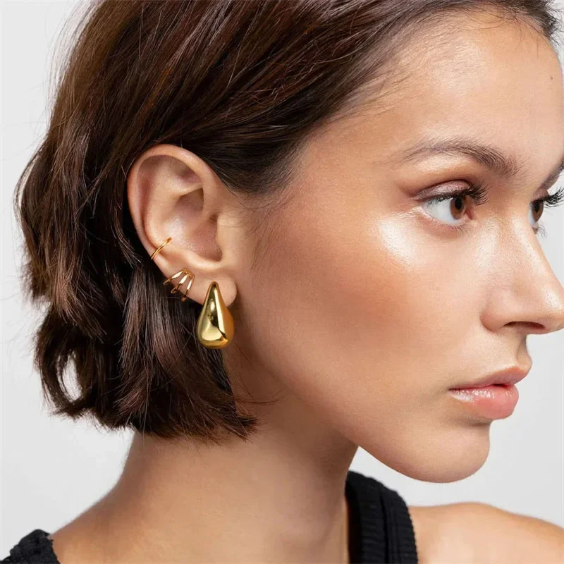 SGMAN Stainless Steel Dome Water Drop Earring for Women Vintage Glossy Gold Color Teardrop Hoops Earrings Party Jewelry Gifts