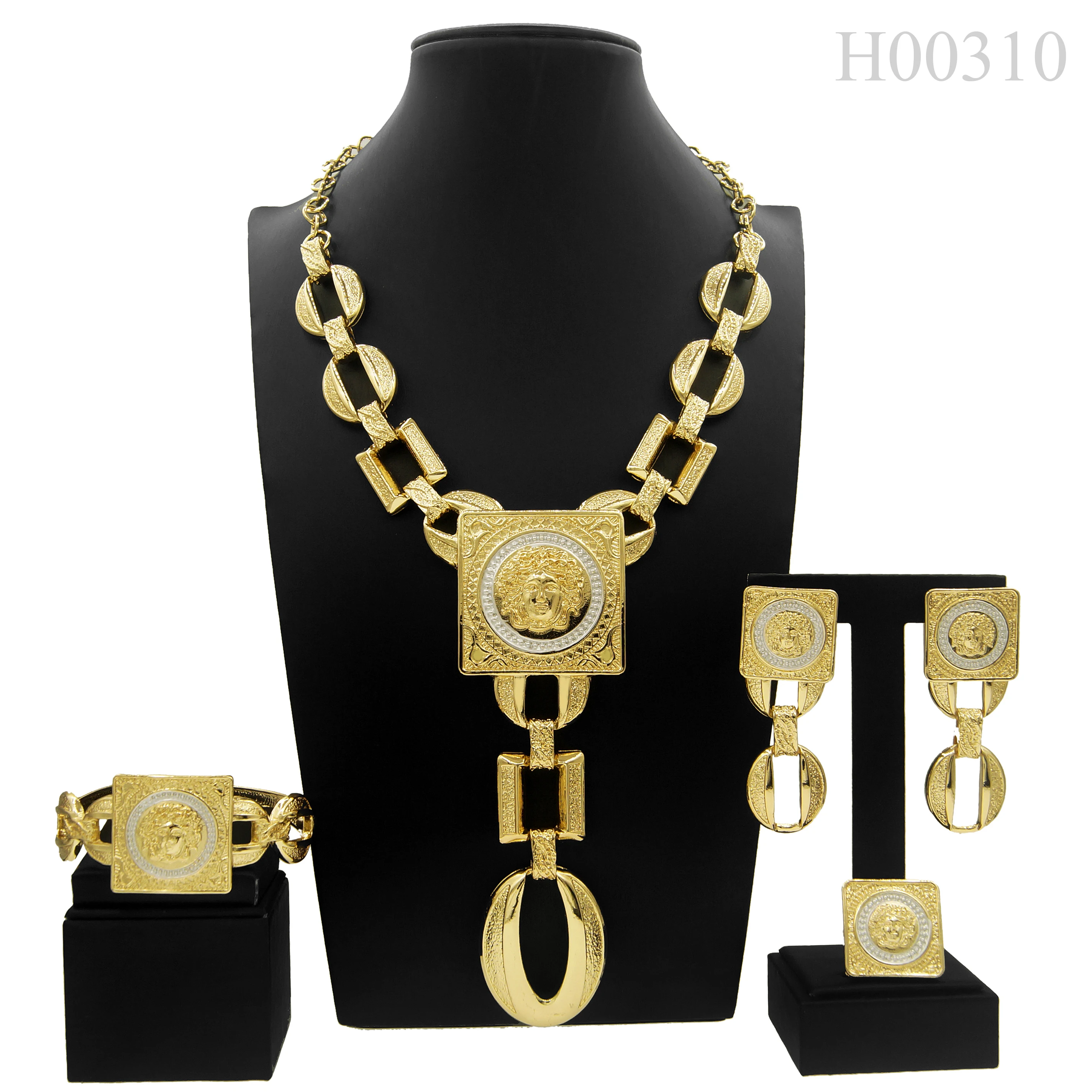 Hot Sale Fashion Woman Necklace Jewelry Set Face Shape Chain Pendant Design Big Earring Square Ring Gift Free ShippingProduct se