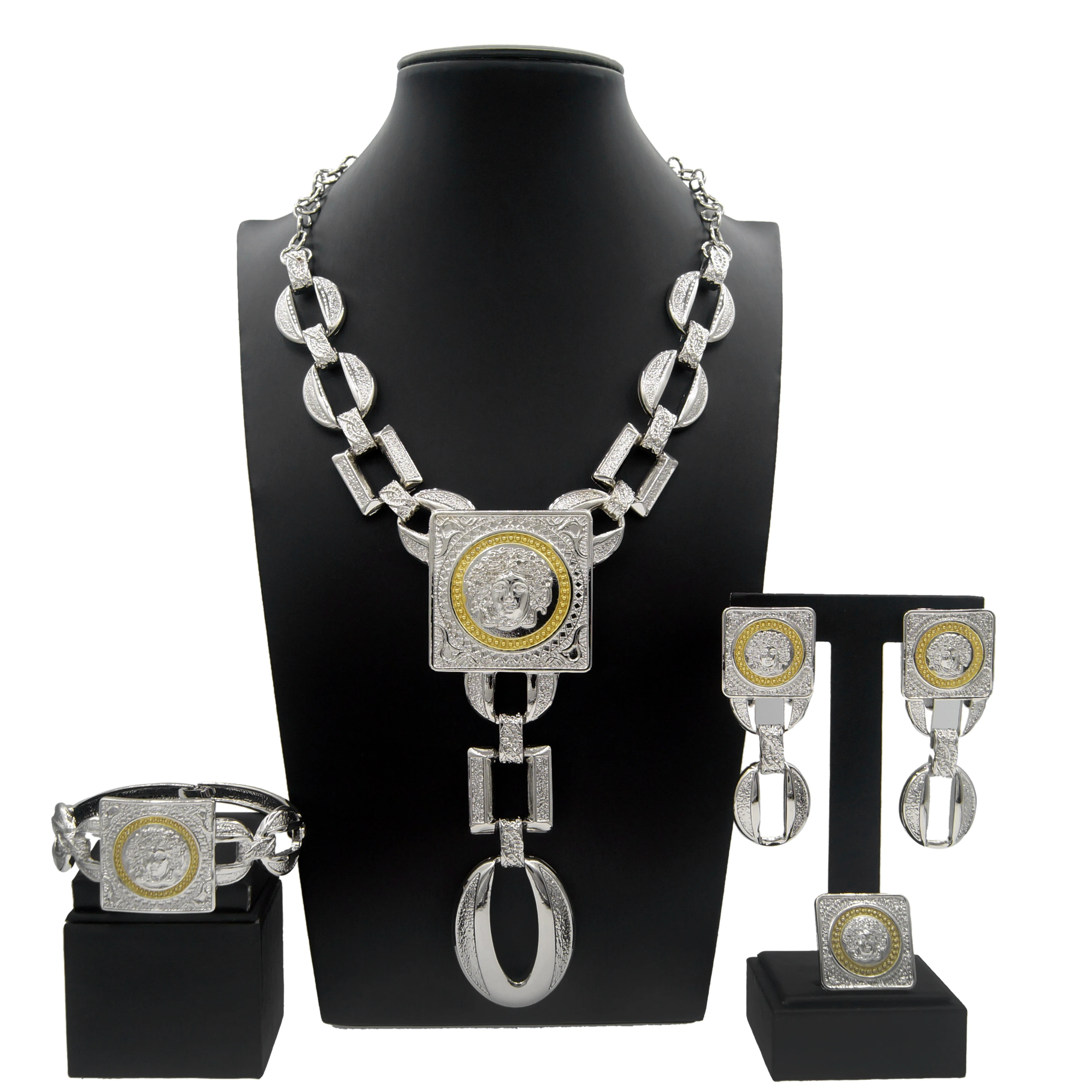 Hot Sale Fashion Woman Necklace Jewelry Set Face Shape Chain Pendant Design Big Earring Square Ring Gift Free ShippingProduct se