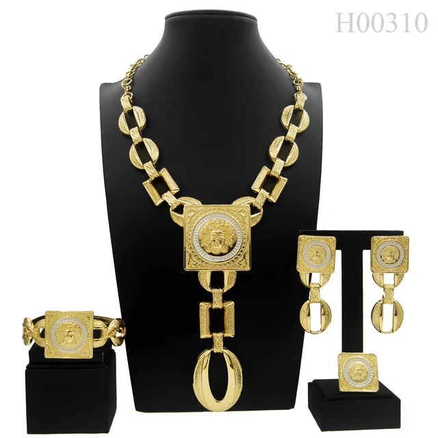 Hot Sale Fashion Woman Necklace Jewelry Set Face Shape Chain Pendant Design Big Earring Square Ring Gift Free ShippingProduct se