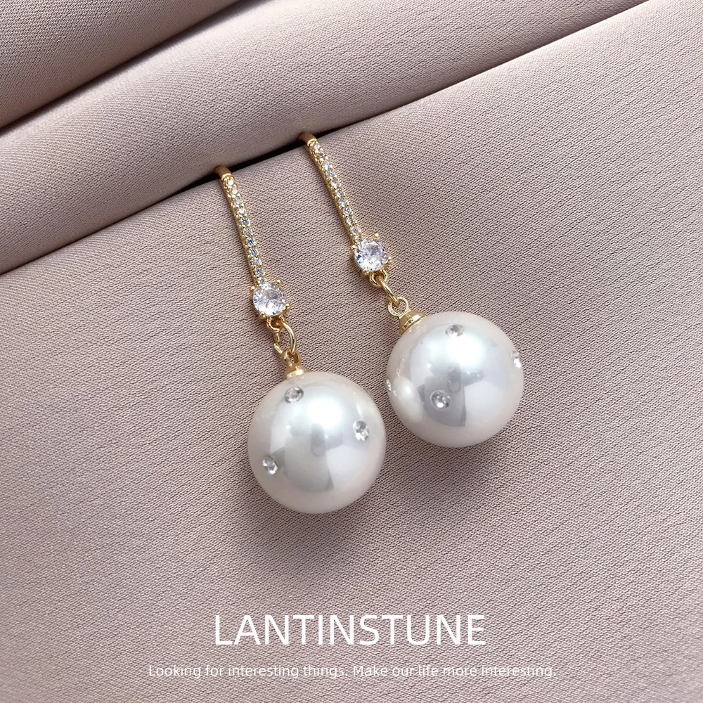 Elegant Micro Zircon Setting Simulated Pearl Long Dangle Earrings For Women Advanced Design Gold Color Young Girls Jewelry N778