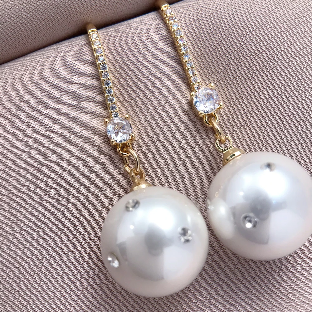 Elegant Micro Zircon Setting Simulated Pearl Long Dangle Earrings For Women Advanced Design Gold Color Young Girls Jewelry N778