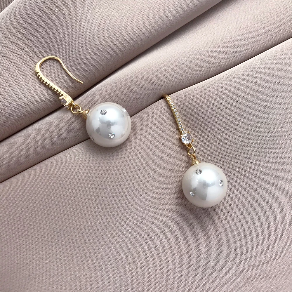 Elegant Micro Zircon Setting Simulated Pearl Long Dangle Earrings For Women Advanced Design Gold Color Young Girls Jewelry N778