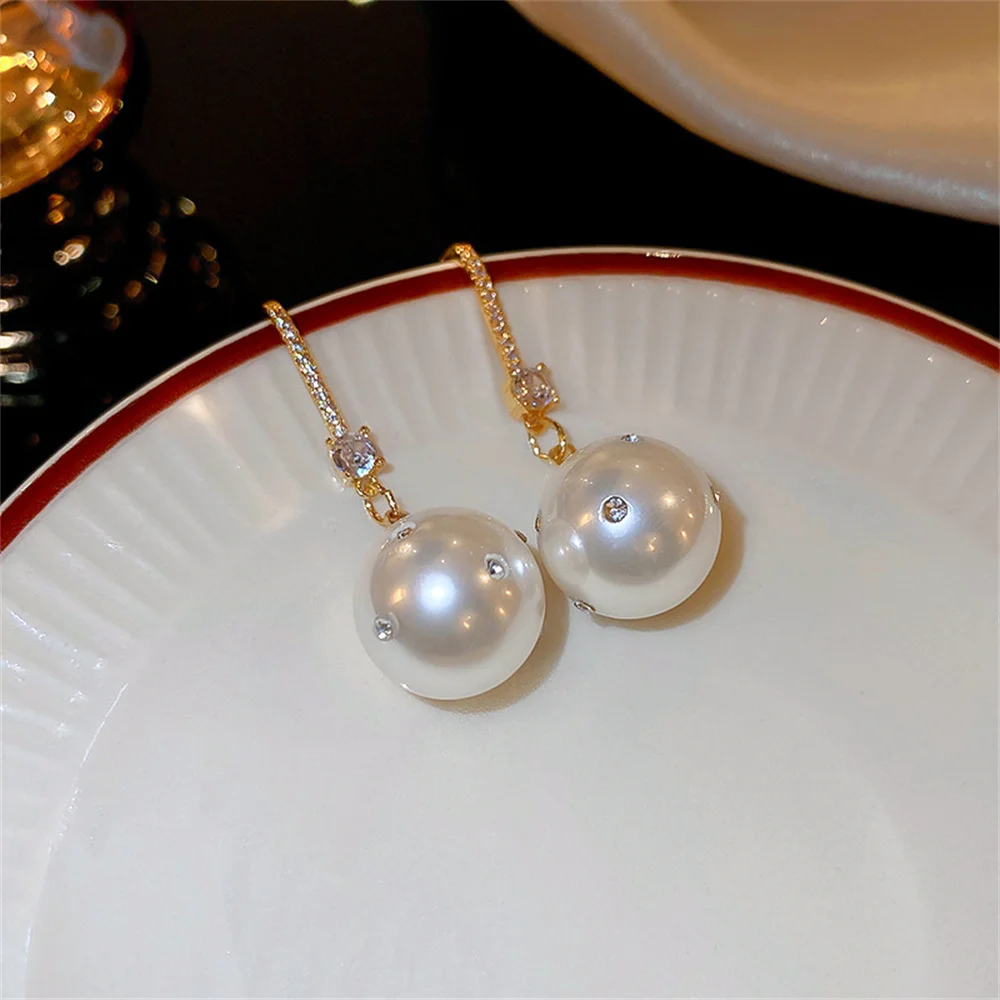 Elegant Micro Zircon Setting Simulated Pearl Long Dangle Earrings For Women Advanced Design Gold Color Young Girls Jewelry N778