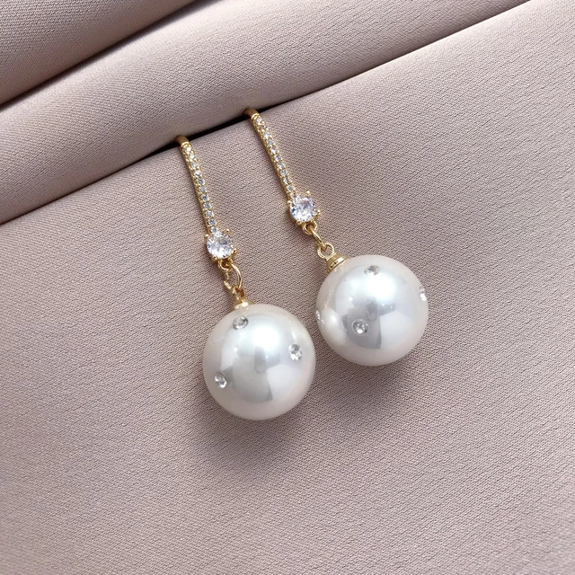 Elegant Micro Zircon Setting Simulated Pearl Long Dangle Earrings For Women Advanced Design Gold Color Young Girls Jewelry N778