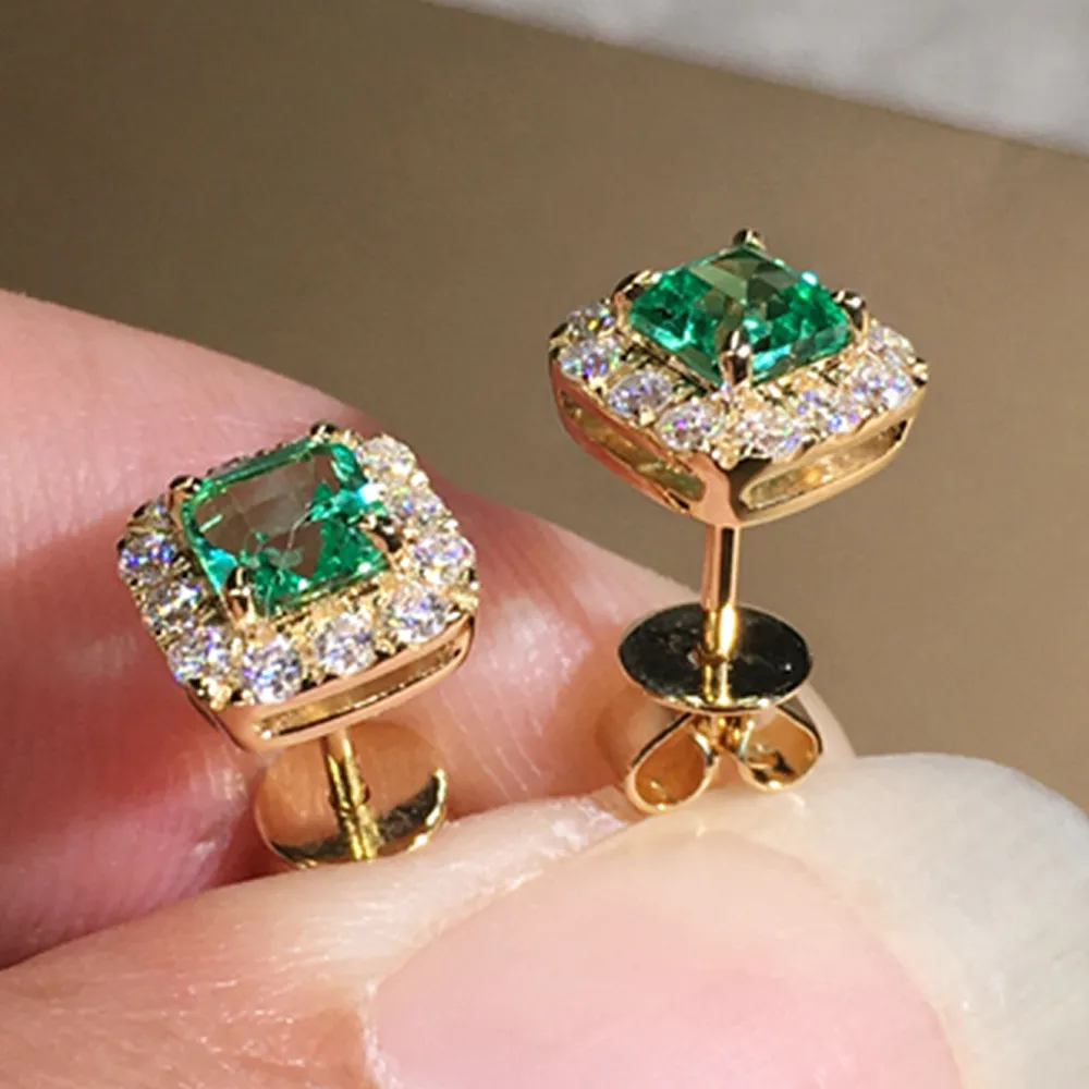 Huitan Eternity Green CZ Stud Earrings for Women Gold Color Luxury Bride Wedding Earrings Elegant Ear Accessories Party Jewelry