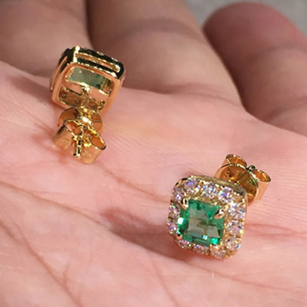 Huitan Eternity Green CZ Stud Earrings for Women Gold Color Luxury Bride Wedding Earrings Elegant Ear Accessories Party Jewelry