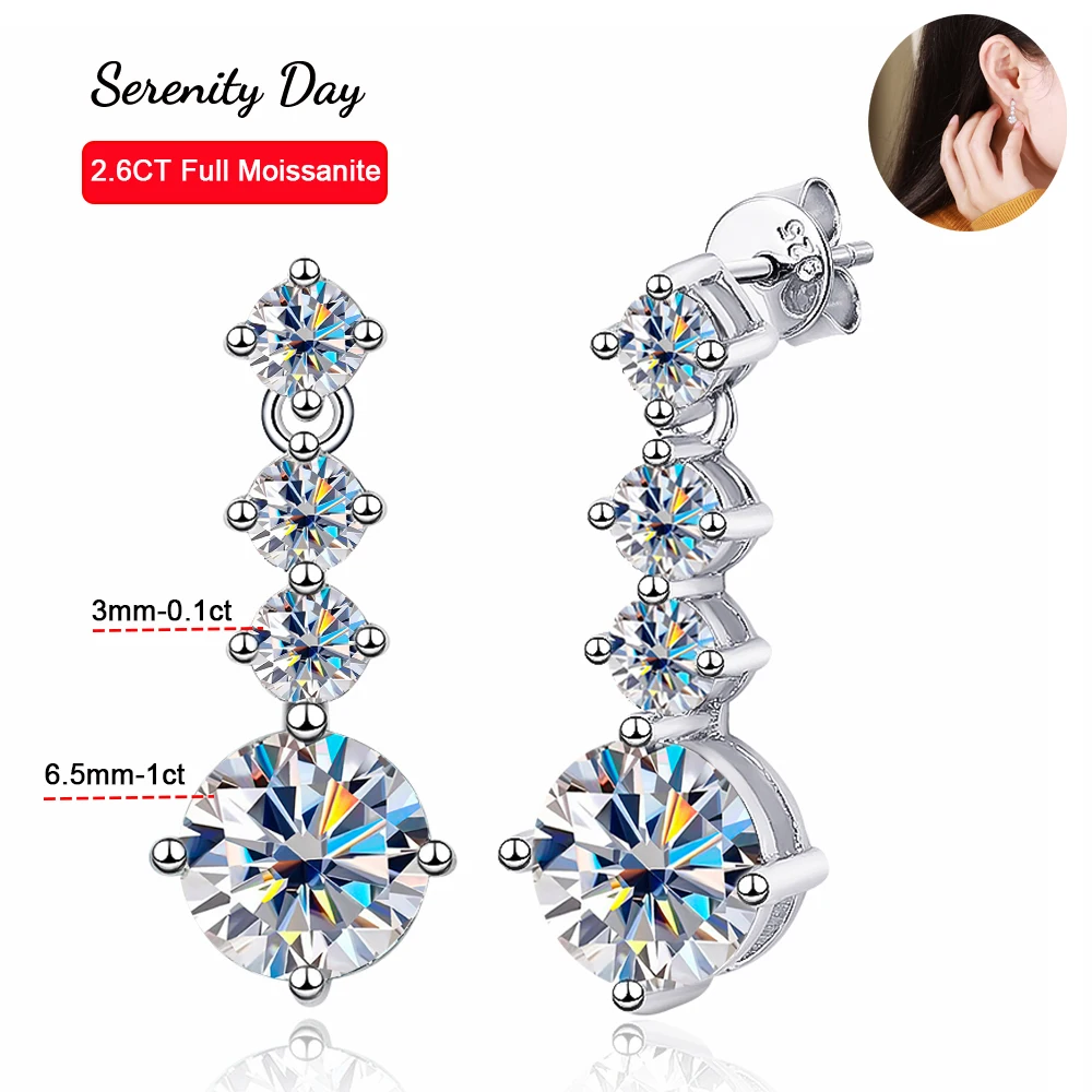 Serenity Day 2.6cttw D Colo Full Moissanite Long Tassel Earring For Women S925 Silver Plated 18K Stud Beating Heart Fine Jewelry