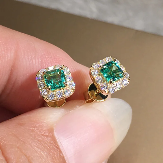 Huitan Eternity Green CZ Stud Earrings for Women Gold Color Luxury Bride Wedding Earrings Elegant Ear Accessories Party Jewelry