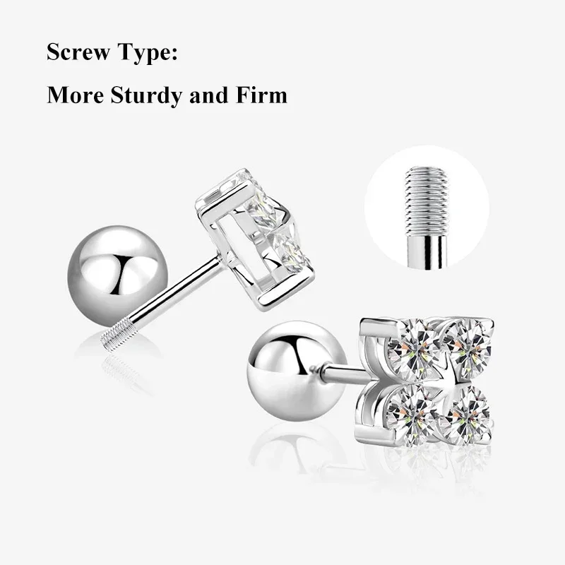 EWYA 4-Stone Clover 0.8cttw Full D Color Moissanite Screw Earrings for Women Girls S925 Silver 3mm Pass Diamond Test Ear Stud