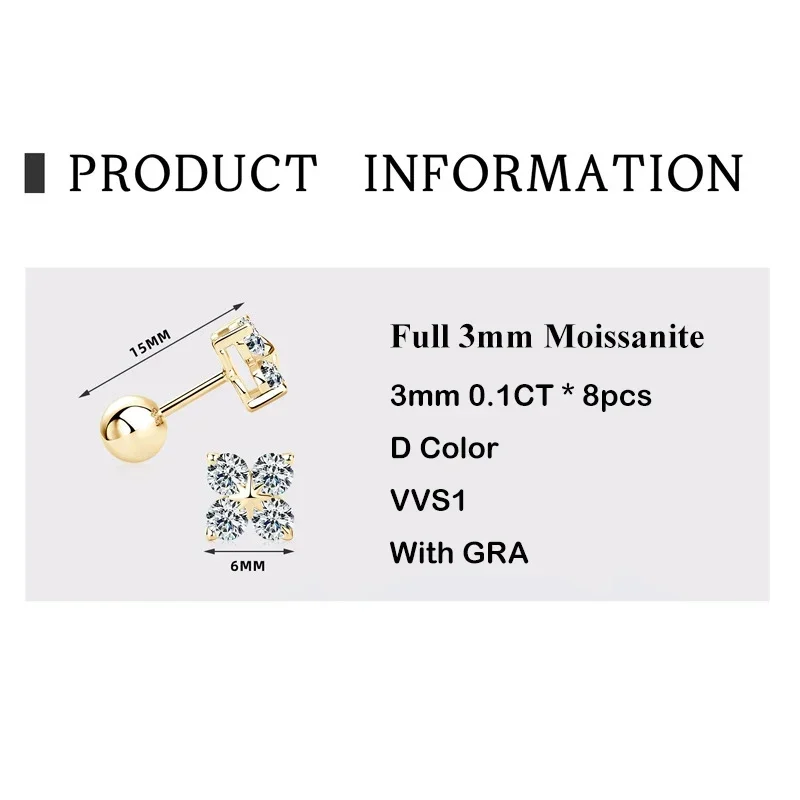 EWYA 4-Stone Clover 0.8cttw Full D Color Moissanite Screw Earrings for Women Girls S925 Silver 3mm Pass Diamond Test Ear Stud