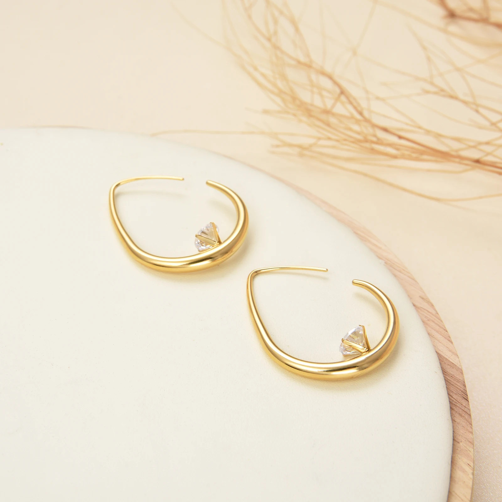 Stainless Steel Teardrop Hoop Earrings for Women,14k Gold Plated Large Oval Pull Through Lightweight  Waterdrop Hoop Earrings