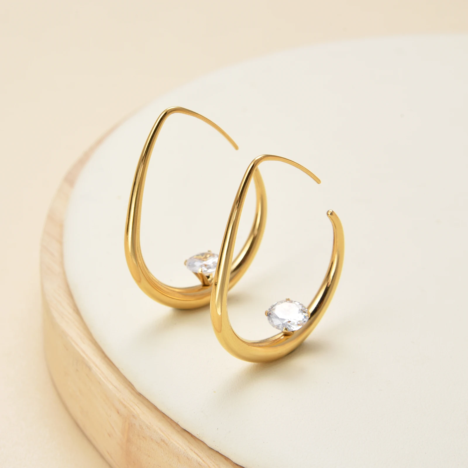 Stainless Steel Teardrop Hoop Earrings for Women,14k Gold Plated Large Oval Pull Through Lightweight  Waterdrop Hoop Earrings
