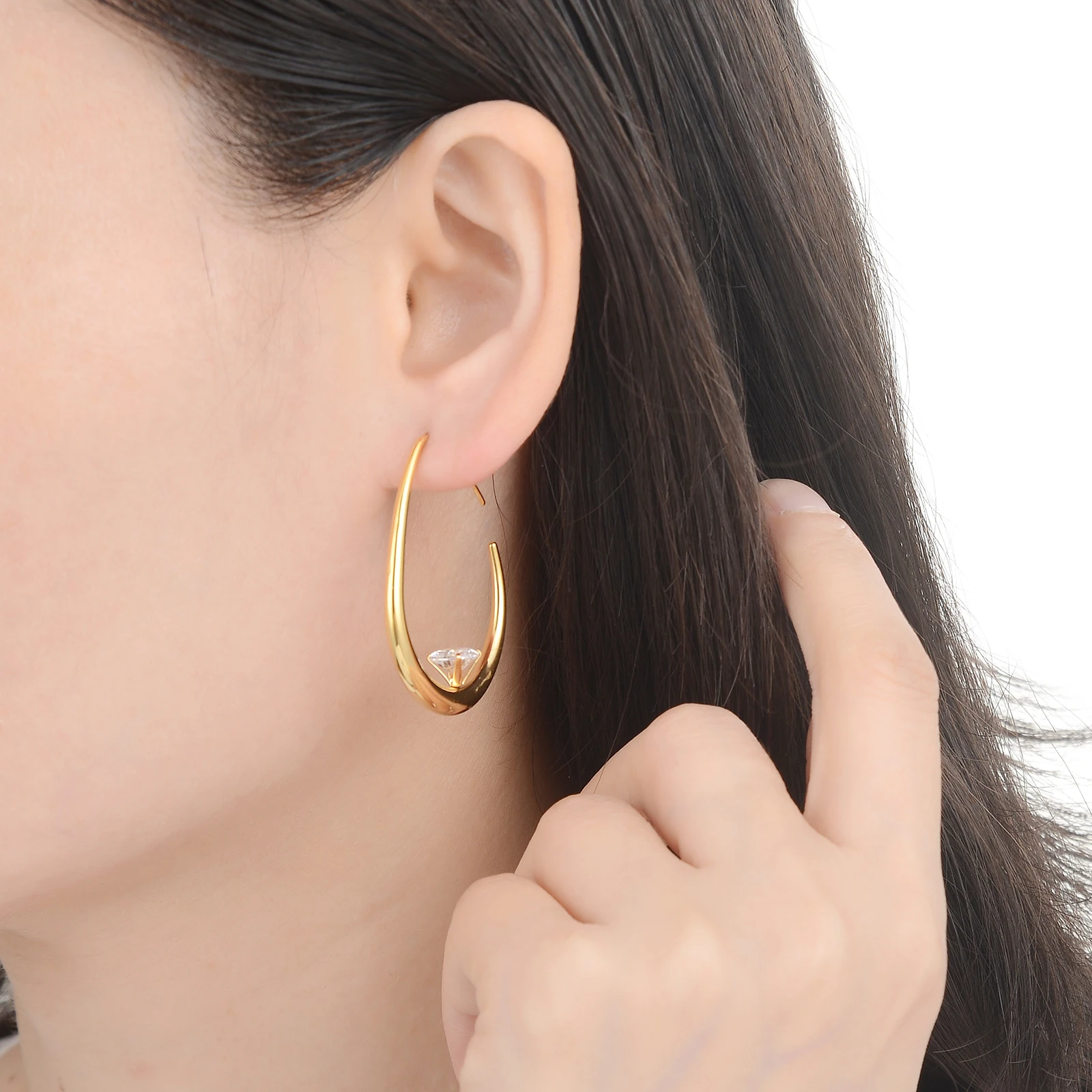 Stainless Steel Teardrop Hoop Earrings for Women,14k Gold Plated Large Oval Pull Through Lightweight  Waterdrop Hoop Earrings