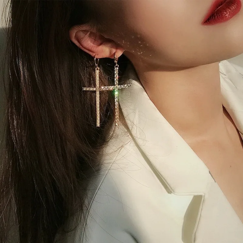 New Fashion Zircon Crystal Cross Drop Earrings for Women Gothic Punk Hip Hop Female Piercing Dangle Earrings Party Jewelry Gifts