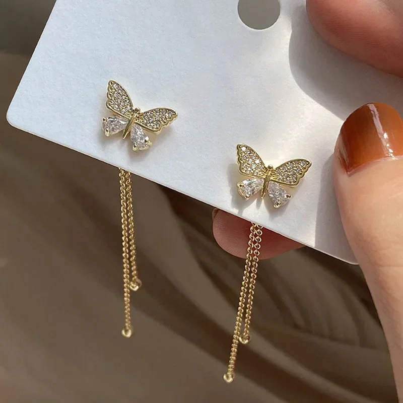 new pattern Korean Elegant Cute Rhinestone Butterfly Stud Earrings For Women Girls Fashion Metal Chain  Jewelry Gifts