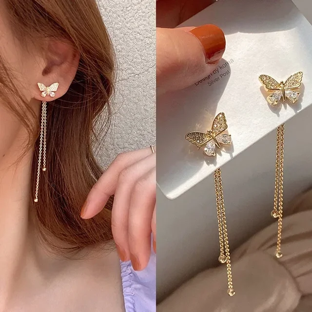 new pattern Korean Elegant Cute Rhinestone Butterfly Stud Earrings For Women Girls Fashion Metal Chain  Jewelry Gifts