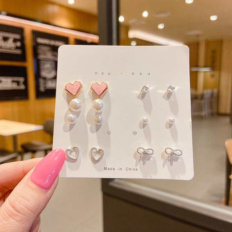 Trend Pink Heart Bowknot Pearl Stud Earrings Set for Women Girl Cute Exquisite Mini Earrings Jewelry Gift Wholesale Direct Sales