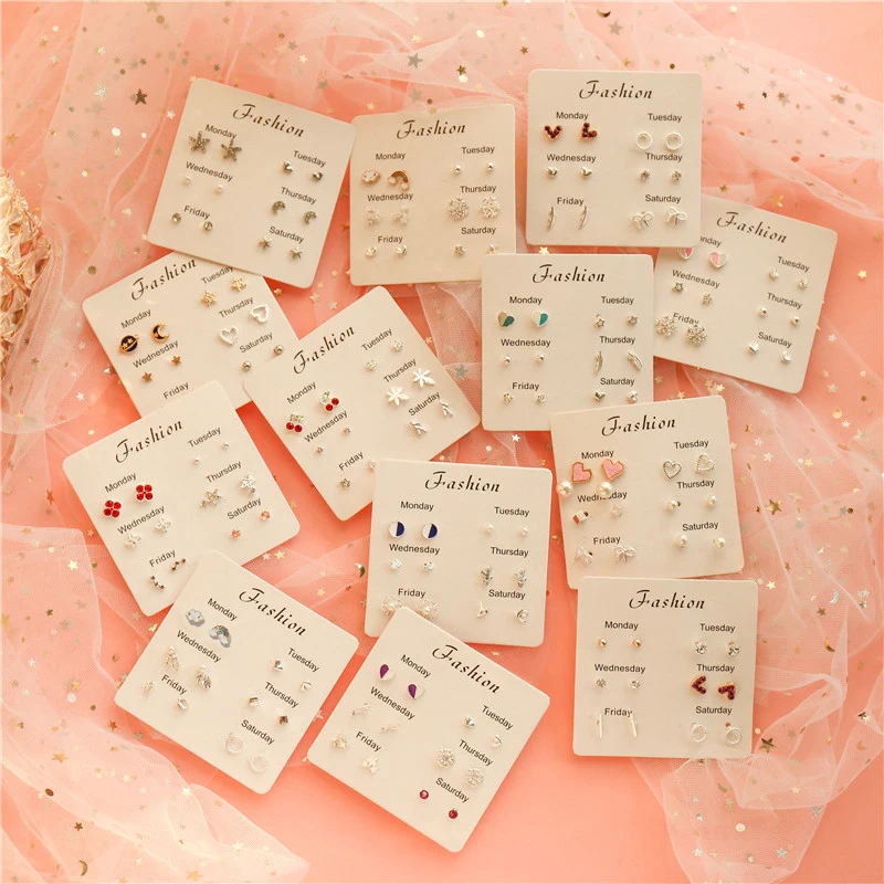 Trend Pink Heart Bowknot Pearl Stud Earrings Set for Women Girl Cute Exquisite Mini Earrings Jewelry Gift Wholesale Direct Sales