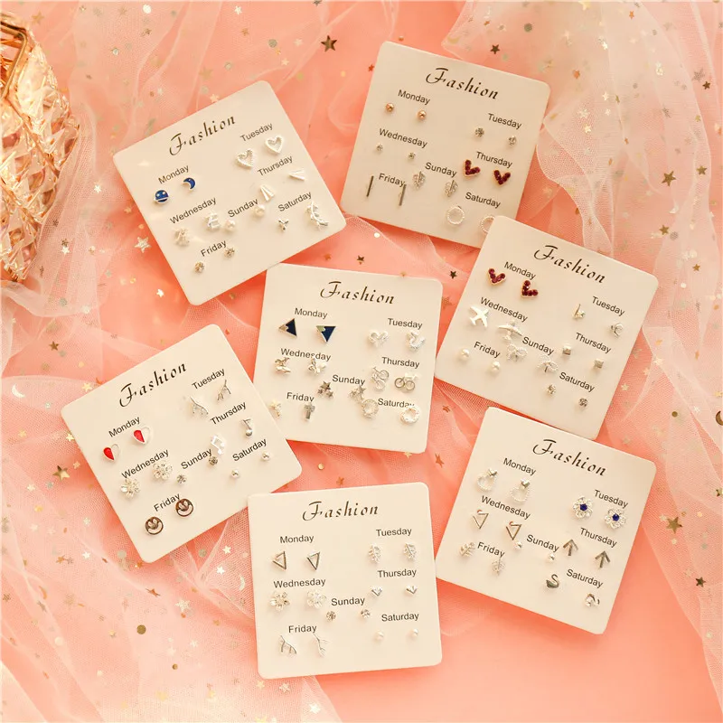 Trend Pink Heart Bowknot Pearl Stud Earrings Set for Women Girl Cute Exquisite Mini Earrings Jewelry Gift Wholesale Direct Sales