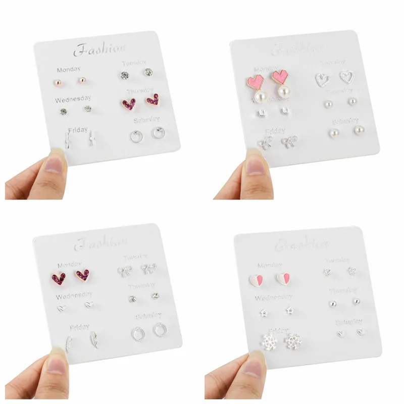 Trend Pink Heart Bowknot Pearl Stud Earrings Set for Women Girl Cute Exquisite Mini Earrings Jewelry Gift Wholesale Direct Sales
