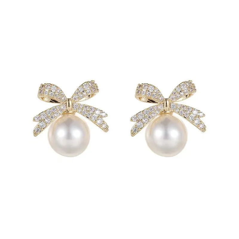 New Style Temperament White Color Wedding Bow Stud Earrings for Women Rhinestone Bowknot Ball Earring Girls Party Jewelry