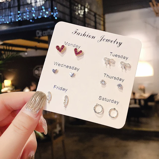 Trend Pink Heart Bowknot Pearl Stud Earrings Set for Women Girl Cute Exquisite Mini Earrings Jewelry Gift Wholesale Direct Sales