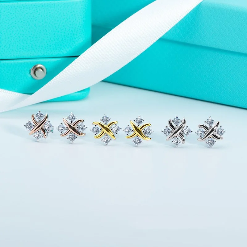 High Quality Luxury Famous Brand Fine Jewelry 925 Sterling Silver Four Diamonds X-shaped Ear Stud Lynn Earring For Fashion Women